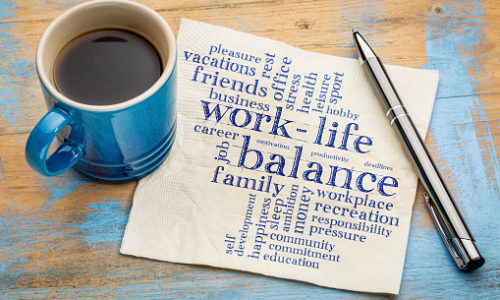 work life balance word cloud handwriting on a napkin with a cup of coffee